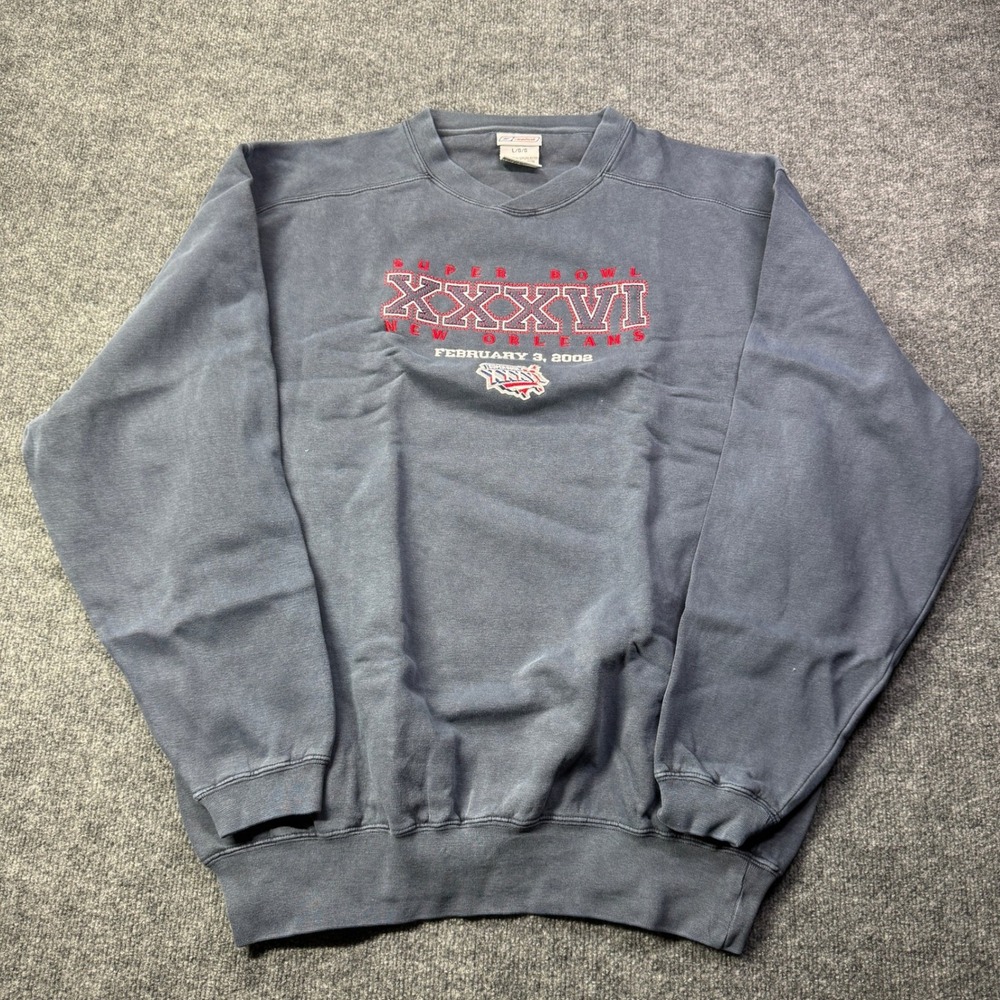Super Bowl XXXVI Reebok Sweatshirt Mens L Blue 2002 Streetwear Vintage